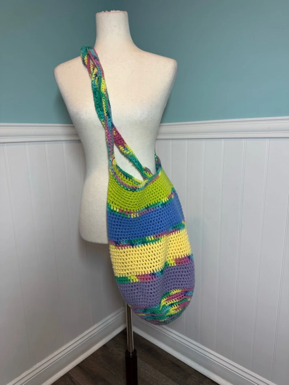 Summer Bag Large Handmade Multicolor Crochet Tote Bag Yellow Blue Green Purple